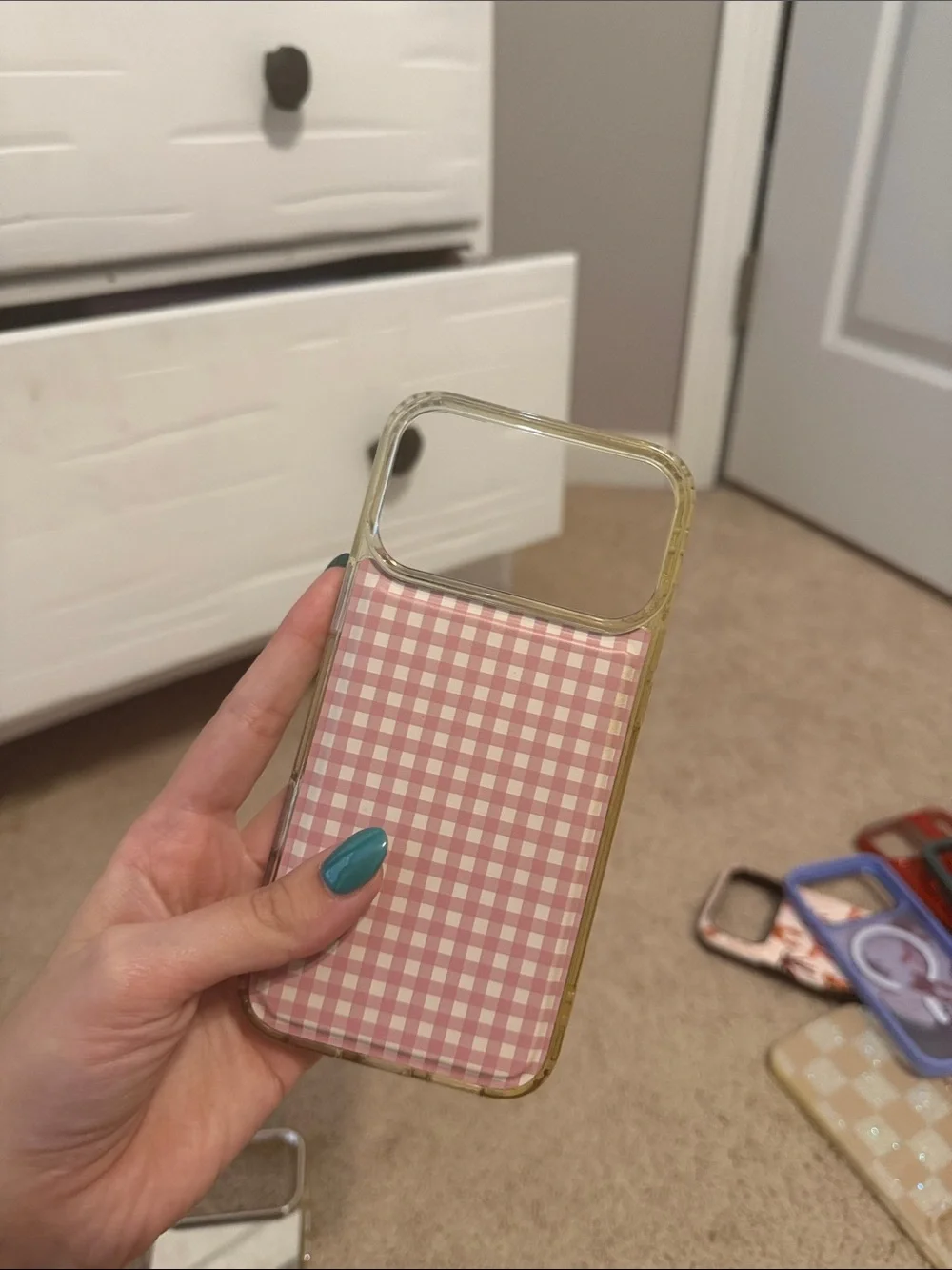 Apple Pink iPhone with Pink, Blue, Brown and Silver Case Set